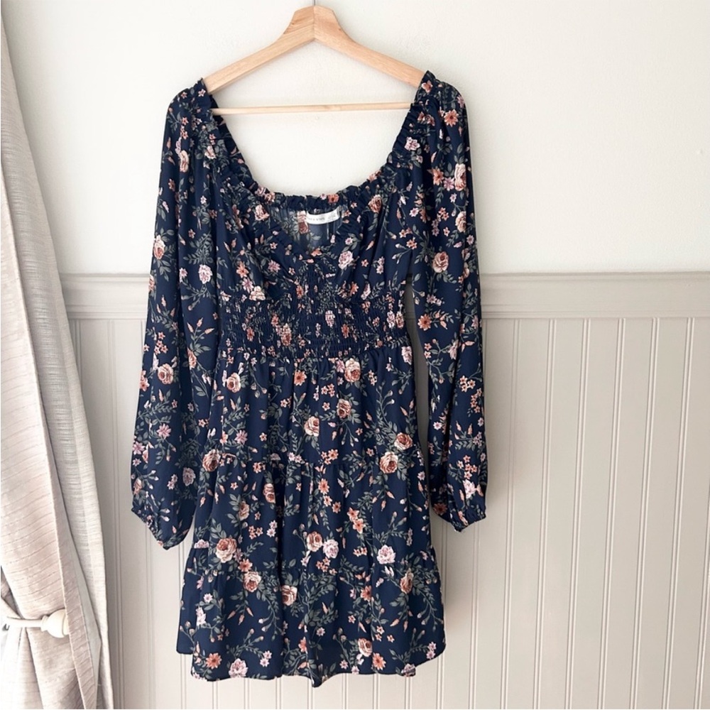 ⭐️ NEW Altar’d State Navy Floral Mini Dress Small Long Sleeve V Neck Lightweight